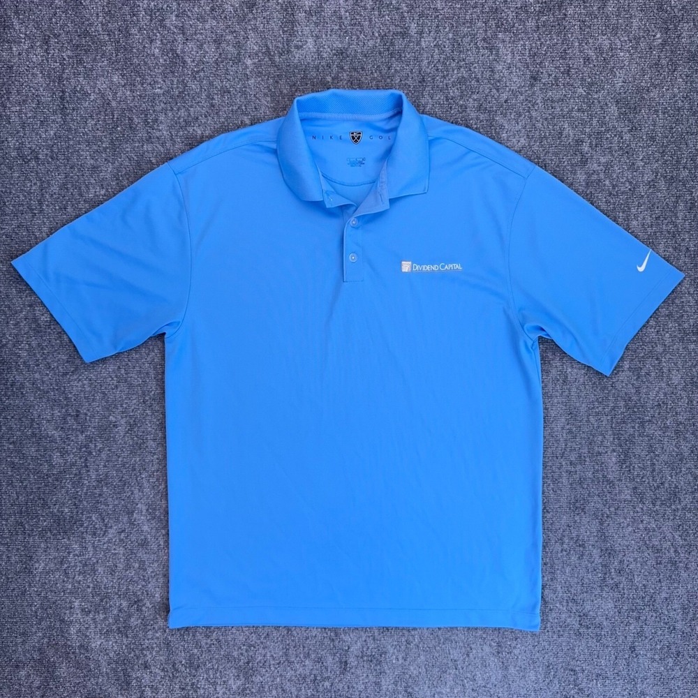 Nike Golf Polo Shirt Men L Blue Dri-FIT Athletic Dividend Capital Chest Logo Too